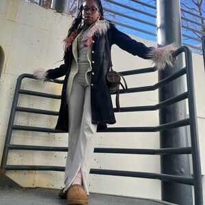 Denim trench jacket with fur